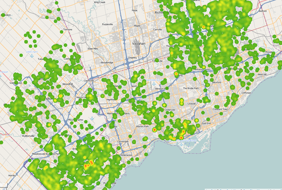 Heatmap of basketball fans in the GTA. These are people who attend 50% of a basketball team's live games