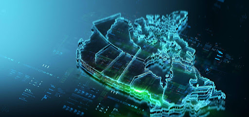 An abstract 3D digital visualization of a geographic map rendered in glowing blue and green tones. The graphic highlights intricate border outlines, grid networks, and data clusters representing postal codes and regional analytics.