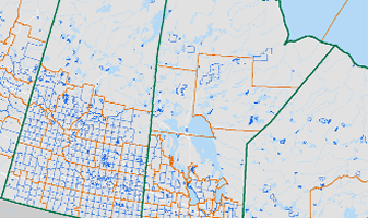 Geographic map overlay of Canadian provinces showing municipal census subdivision (CSD) boundary lines across Alberta, Saskatchewan, Manitoba, and Ontario.